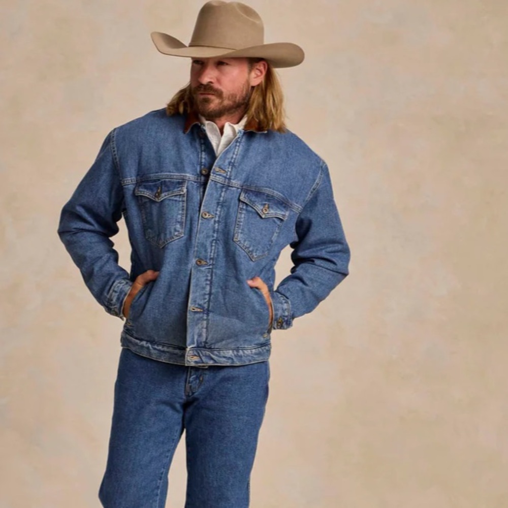 Schaefer Outfitters Denim Jacket with Brown Collar and Fleece lining.